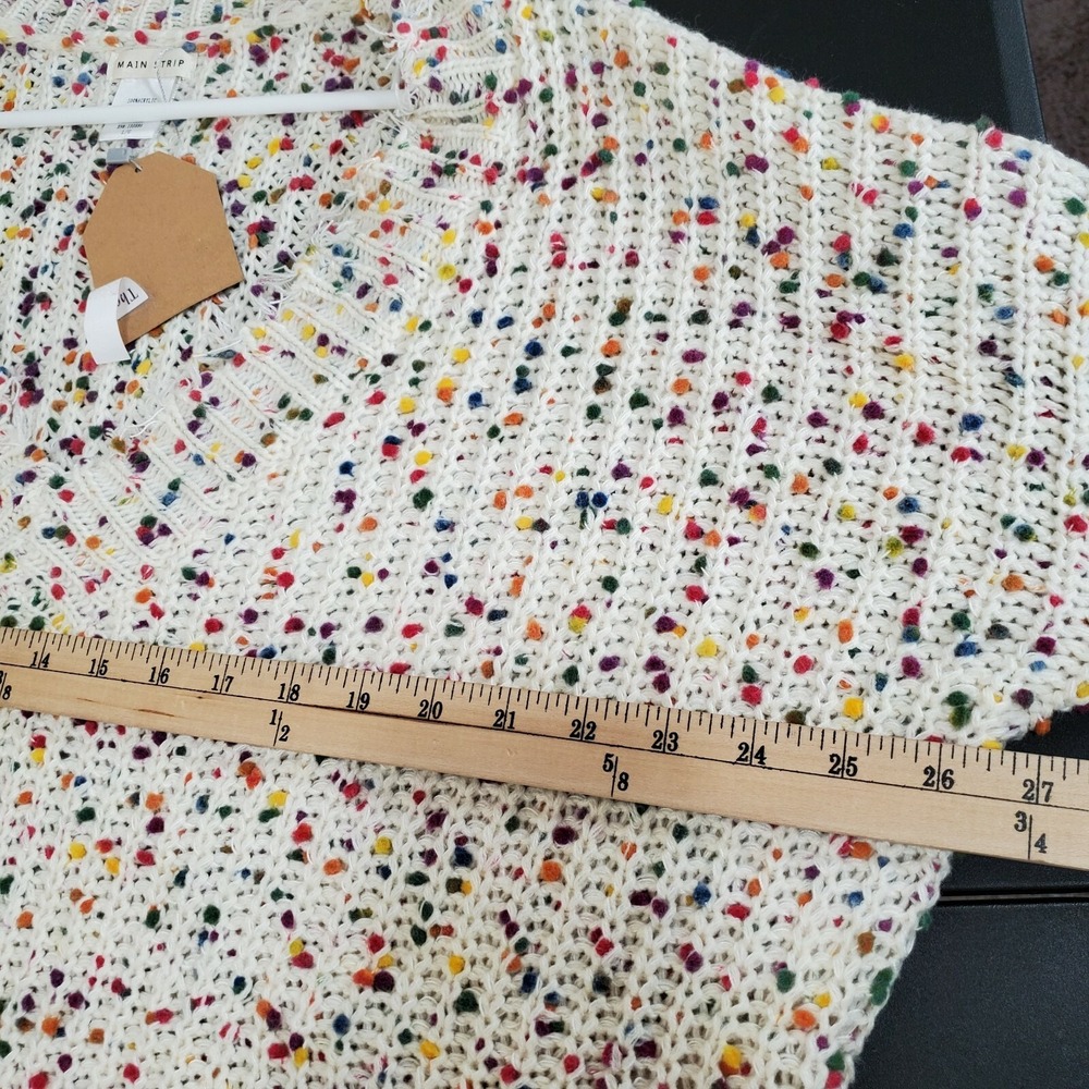 MAIN STRIP Knit V Neck Sweater Large L Cream Multicolor Dots Raw Hem LS NWT - Picture 8 of 9